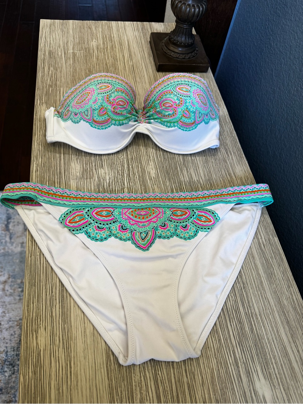 Victoria's Secret Beach Sexy White Bikini with Turquoise & Pink Embroidery